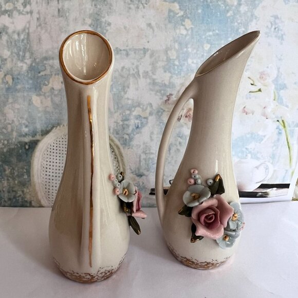 Vintage Ceramic Pitchers Capodimonte Style Floral Relief Gold Accents Set Of 2 - Picture 4 of 7